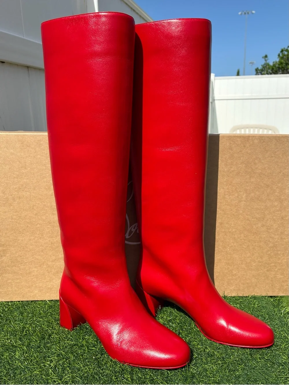 CHRISTIAN LOUBOUTIN JANITTA 55 RED LEATHER BLOCK HEEL KNEE-HIGH BOOTS SZ 38.5